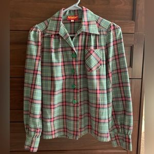 m/s - freddies of pinewood - green and pink plaid button up blouse